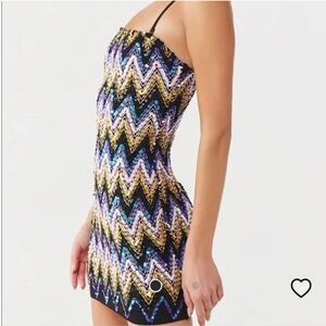 Forever 21 metallic chevron stripe sequin smocked bodycon mini dress. Size L